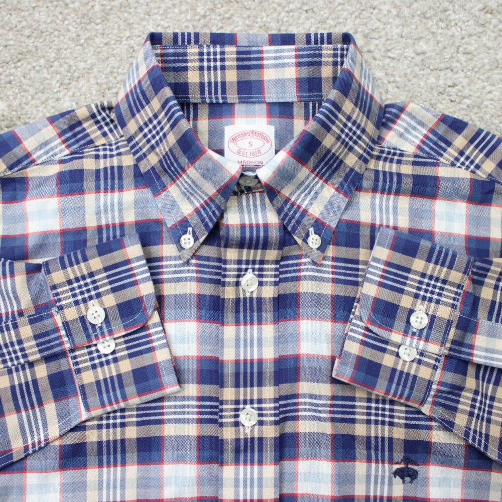 Brooks Brothers Shirt Mens Small Blue Plaid Madison Non-Iron Supima Cotton L/S